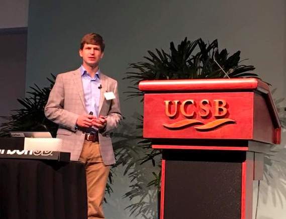 Dr. Justin Poelma, UCSB alumnus, speaks about the 3D printing technology developed at Carbon3D. Photo by Saemi Poelma.