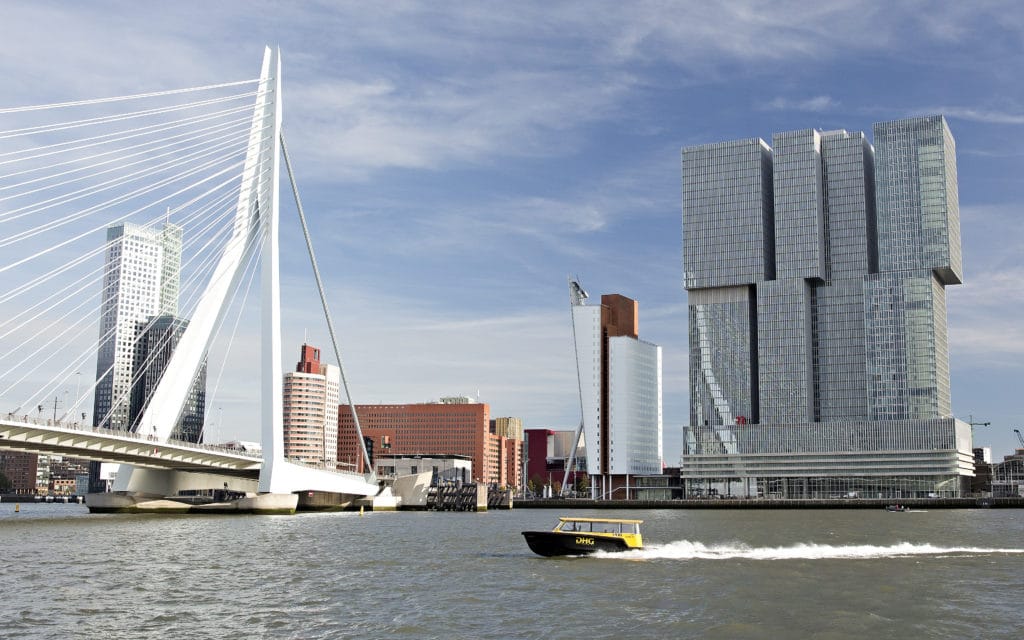 Rotterdam's famous Erasmusbrug and the skyline of Kop van Zuid. 