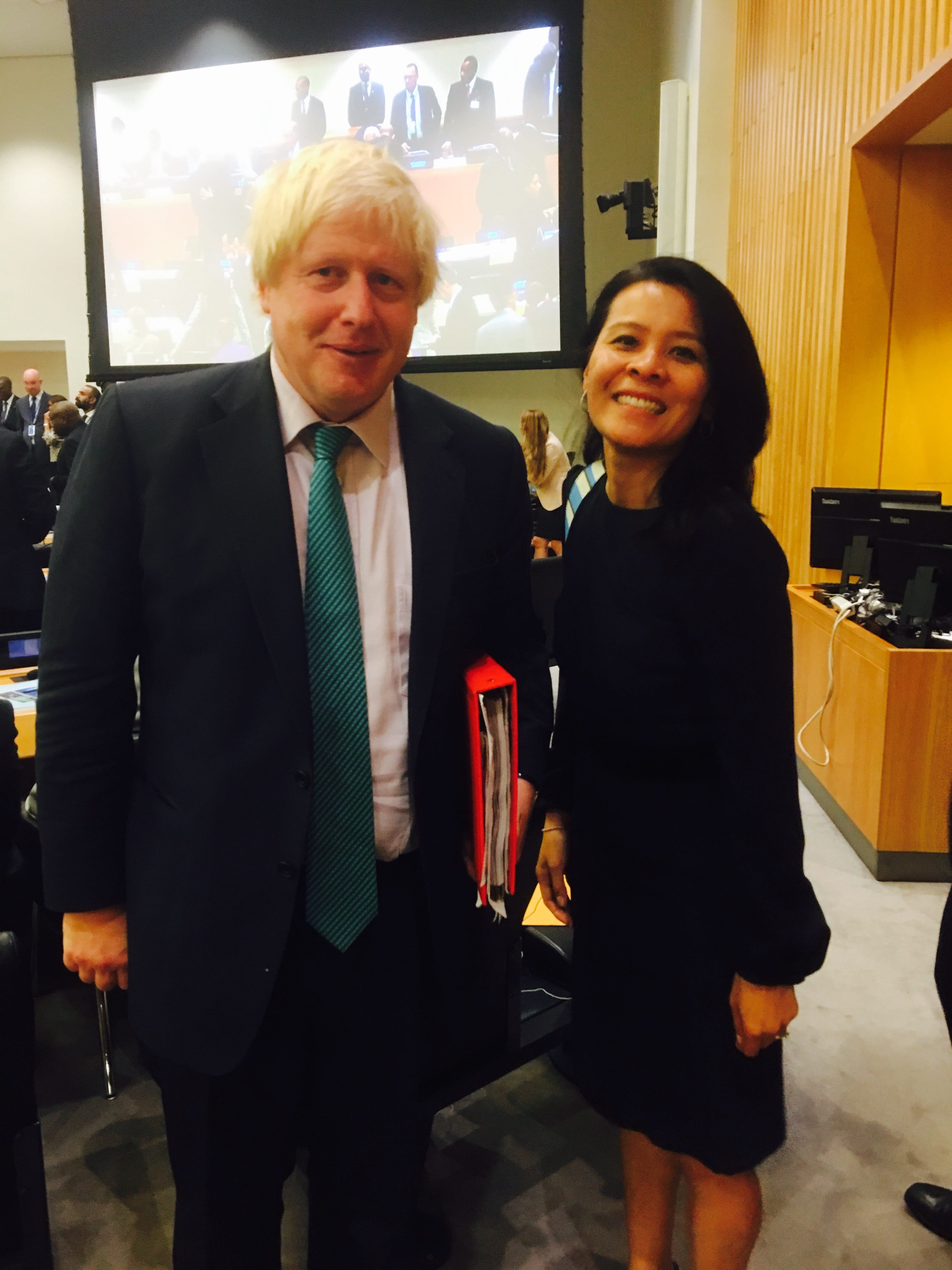 Boris Johnson, British Foreign Secretary, and Paksy Plackis-Cheng, founder impactmania at the United Nations, New York, NY 2017. 