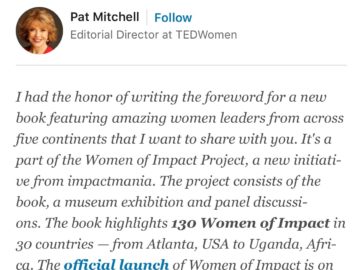 Pat Mitchell, Editorial Director TED X Women, supports WoI