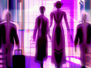 A digital image showing people being screened by AI in art deco style (credit impactmania)