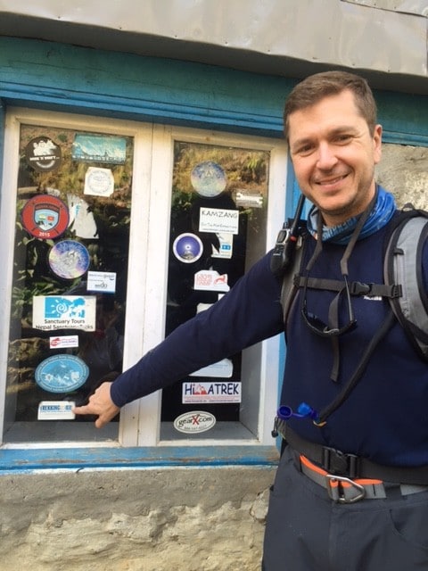 José Montero, Jr. and Trekkng For Kids stickers at tea houses in the Khumbu Valley all along the trail to Everest Base Camp.