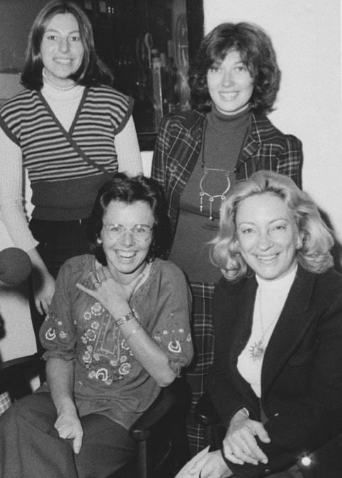 From right top, editor Charlotte Grossman; first woman producer at ABC Sports, Eleanor Riger; American former World No. 1 professional tennis player, Billie Jean King; and Jane Weissman, Grossman's assistant during taping ABC's, The Lady Is a Champ.