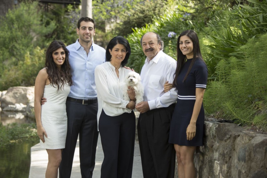 Daughter-in-law Nina, son Hratch, wife Araxie with dog Calvin, Katcho Achadjian, and daughter Nyri.