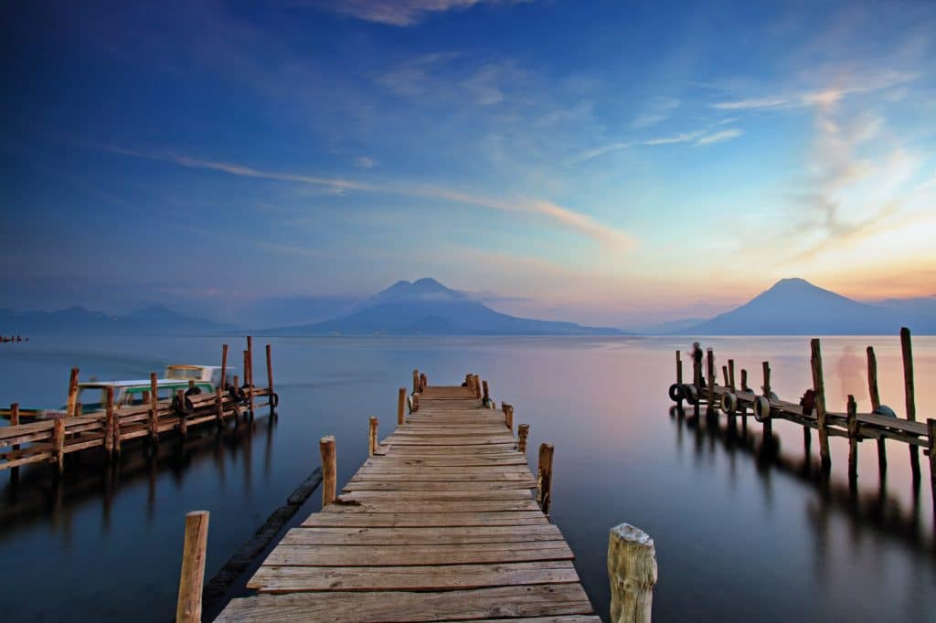 Sunset at the Panajachel Pier on Lake Atitlán, Guatemala where students learned about the coffee trade