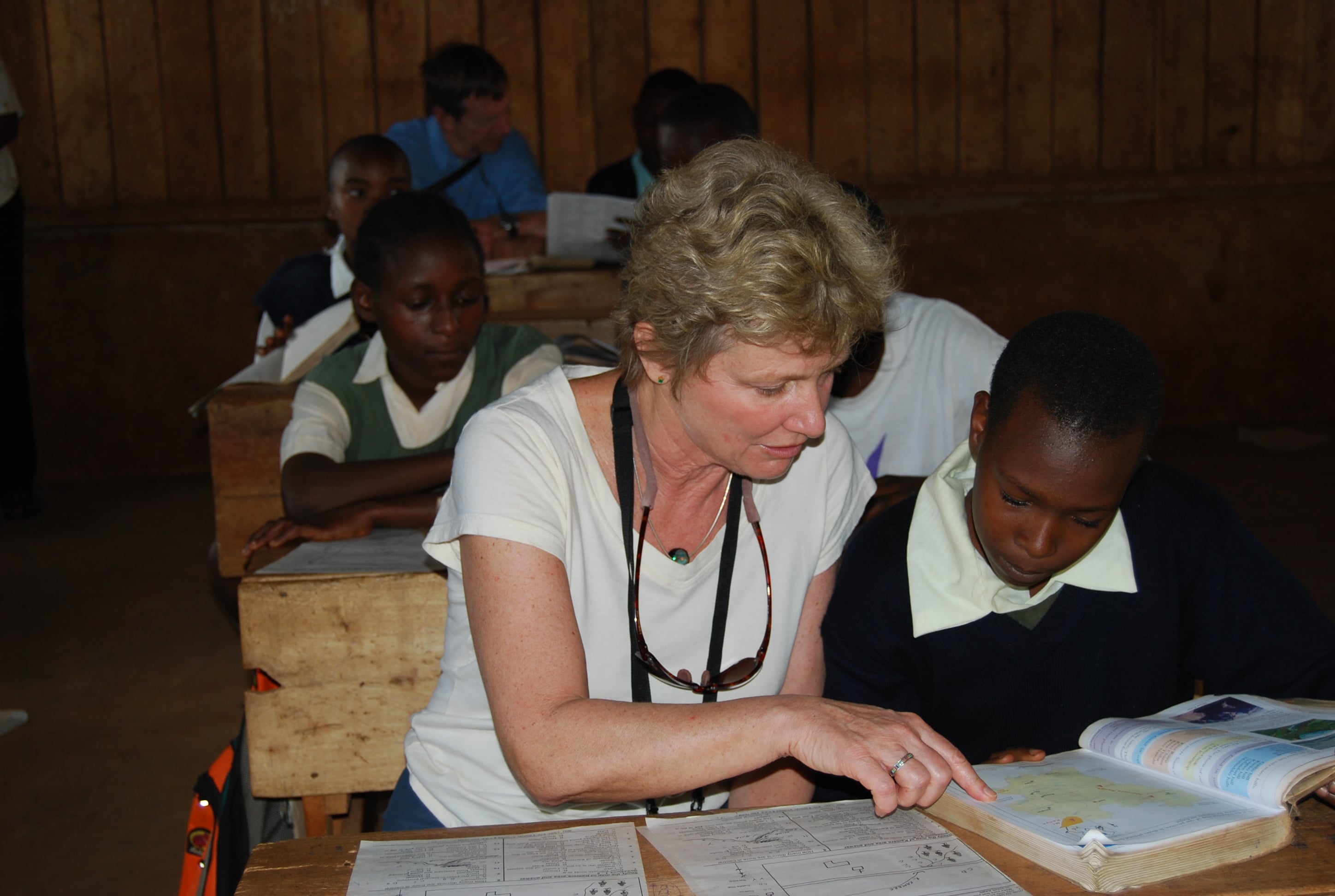 Nancy visiting a partner school.