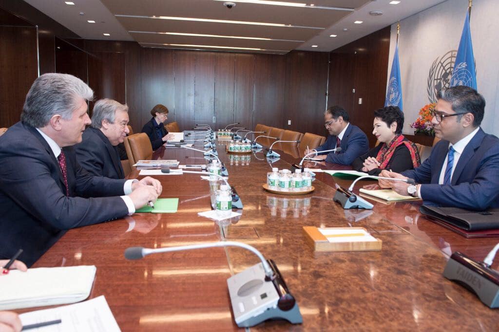 Pakistan's Ambassador to the UN, Maleeha Lodhi, in a meeting with UN Secretary General, Antonio Guterres at the UN Headquarters in New York.