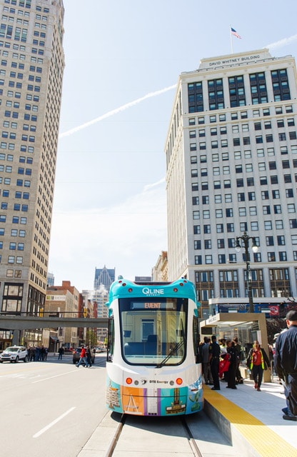 QLINE in Detroit, a 6.6-mile circulating streetcar loop serving 12 locations in Detroit. The QLINE is the first major transit project led and funded by private businesses and philanthropic organizations such as The Kresge Foundation. 