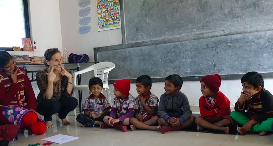 Dr. Laura Jana visiting preschoolers at the Global Discovery School in Nashik, India .