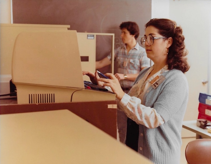 Maureen Meyer in the computer room designing microwave antennas, Hughes Aircraft Co. El Segundo, CA. (1982.)